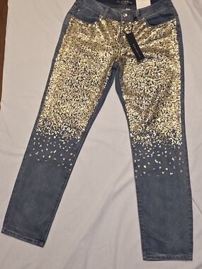 Chico's Blue Skinny Jeans with Gold Sequin Front Platinum Black Label Sz 0.5